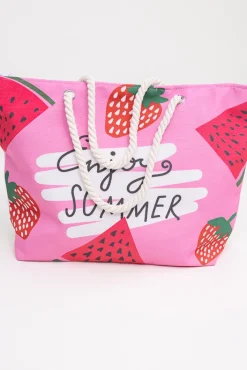 Damskie Różowo-biała Torebka plażowa STRAWBERRY