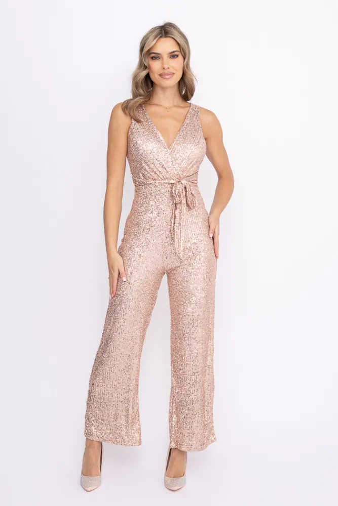 Damskie Włoski Szampańsko- Kombinezon kopertowy z cekinami MILANO