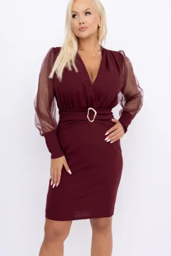 Włoski Wiśniowa Sukienka z prześwitującymi rękawami VIZENTI