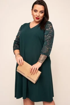 Polski Zielona Sukienka z koronkowym rękawem EVE
