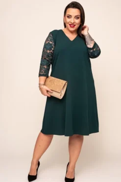 Polski Zielona Sukienka z koronkowym rękawem EVE